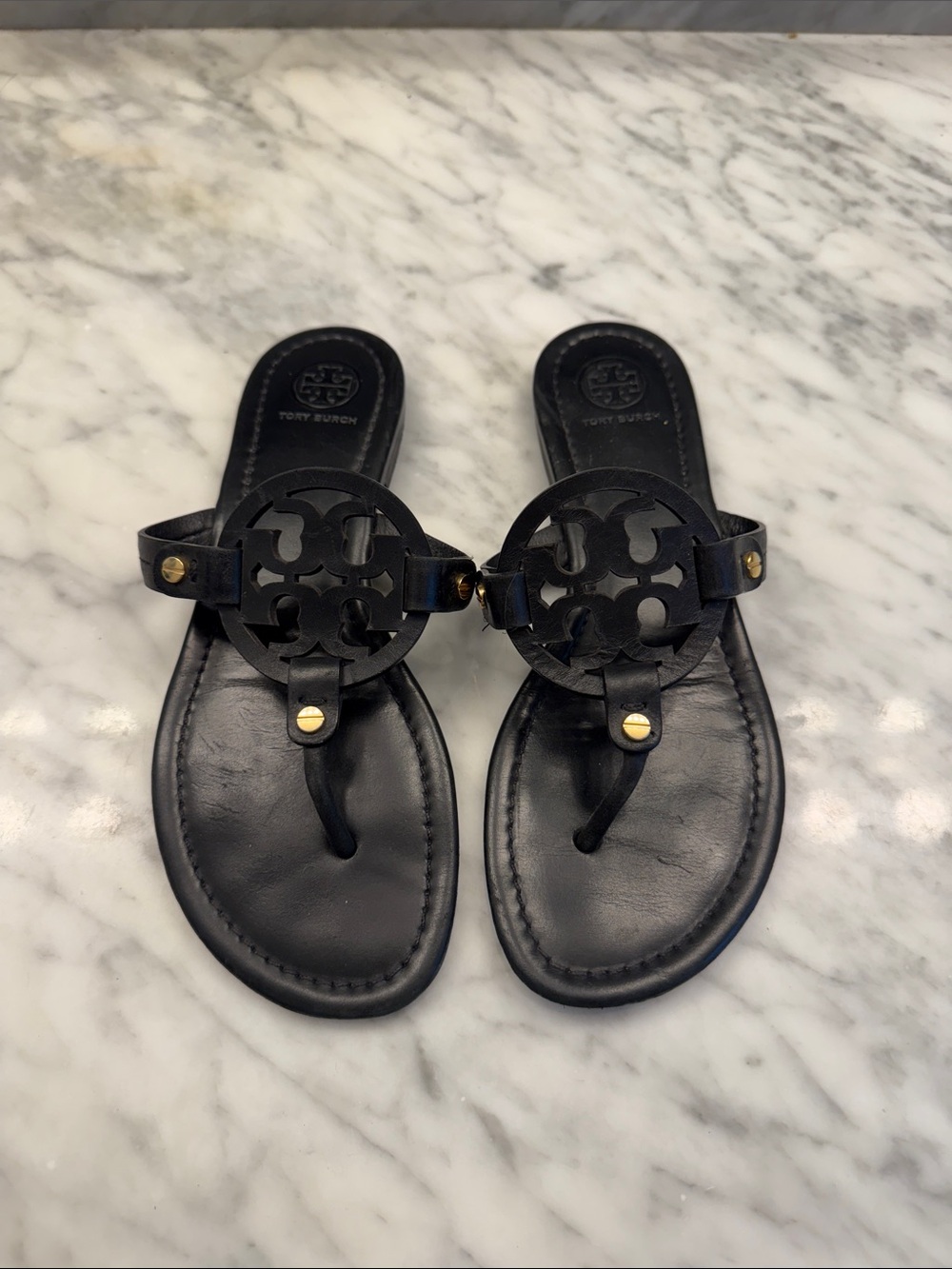 Tory Burch Miller Sandal Black Leather Logo Sandals with Gold Accents